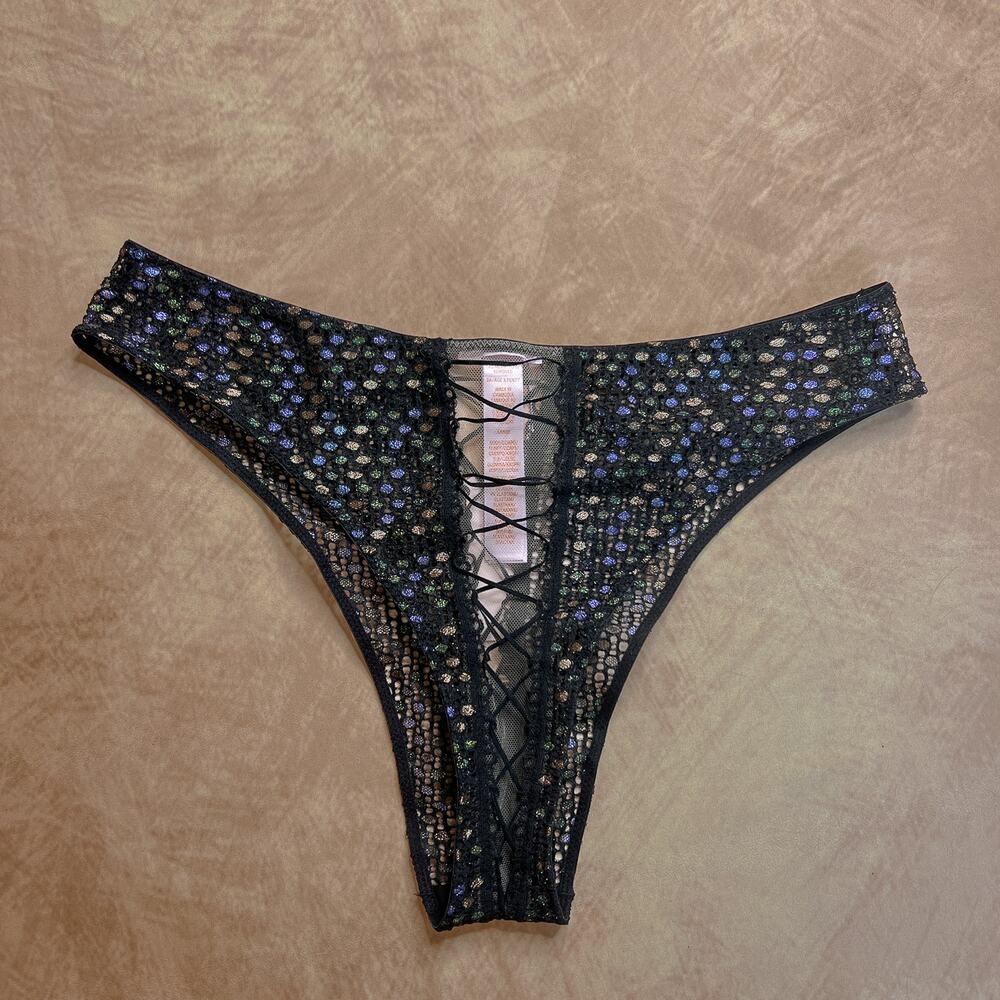 Savage X Fenty Disco Lace Up Brazilian Panties Underwear Black Metallic NWT